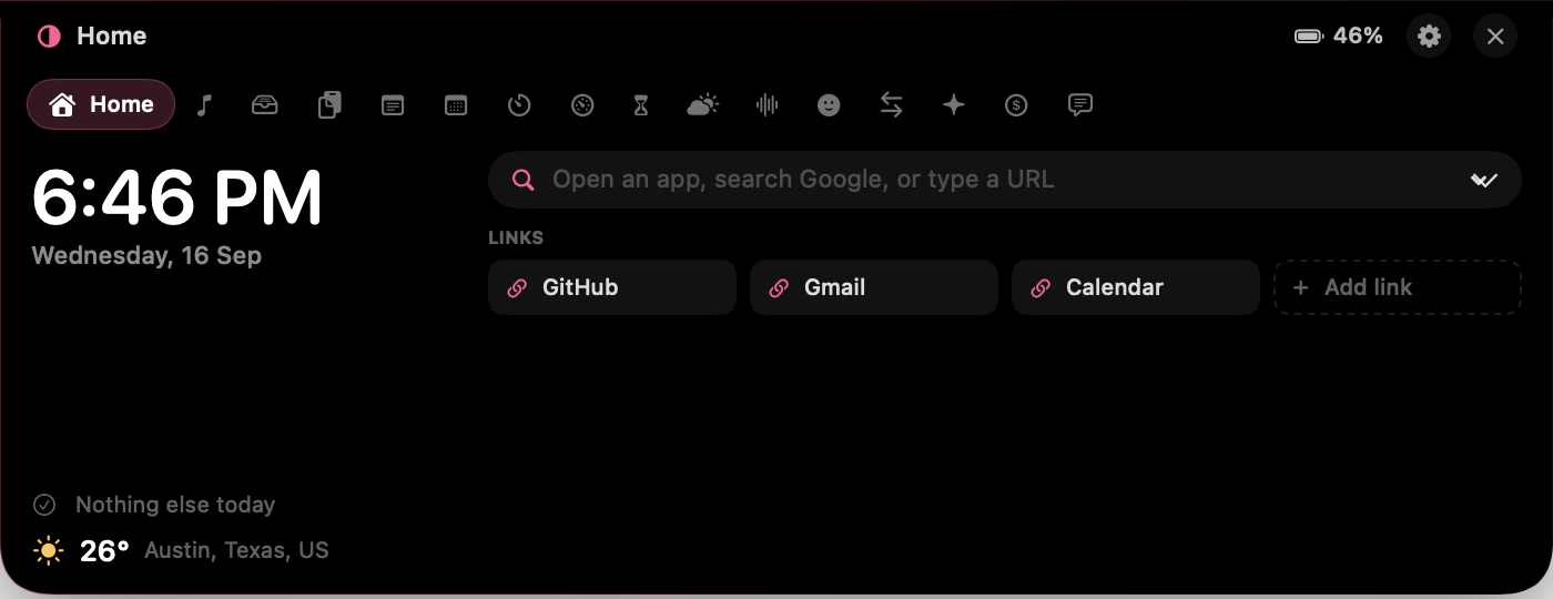 The Eclipse card open under the notch, showing the clock, next event and launcher.