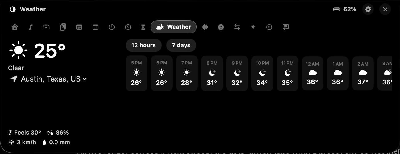 The weather tab in the Minimal theme.