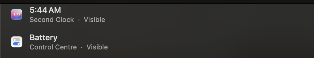 Three menu bar items listed with their owning process and current state.
