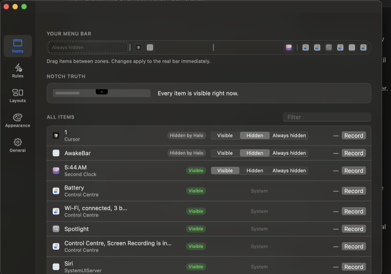 Halo settings: a replica of the menu bar with an always-hidden zone, the notch truth line reading every item is visible right now, and a list of items with their owning process and visibility.