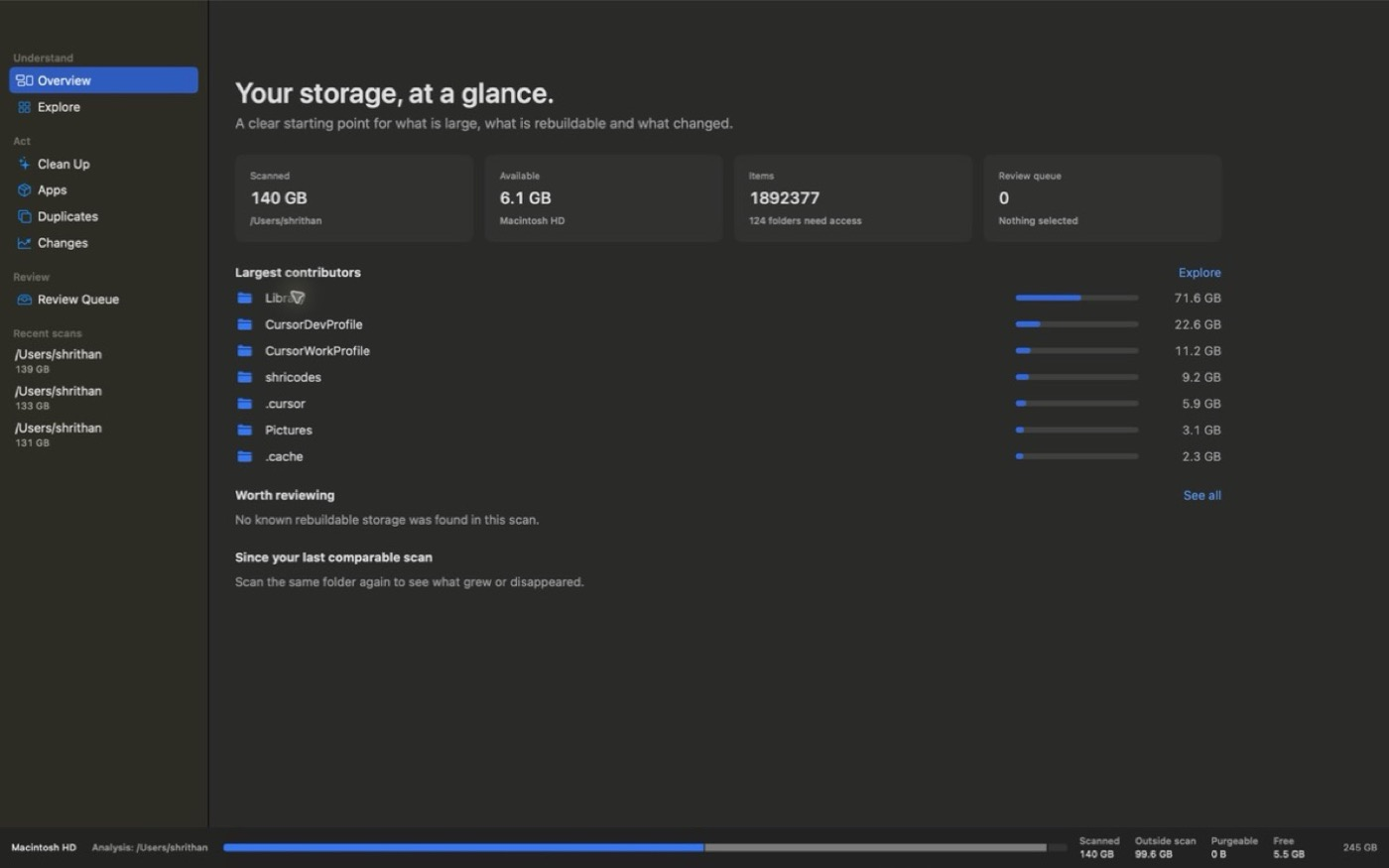 VolTally showing the largest folders on a volume with scanned, free and unreadable space accounted for.